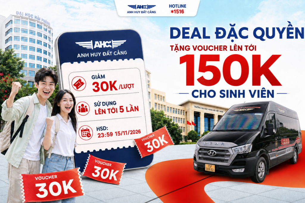 Nhằm đồng hành cùng sinh viên trên mỗi hành trình, Anh Huy Đất Cảng triển khai chương trình “Deal Đặc Quyền”, tặng voucher sinh viên Anh Huy Đất Cảng với tổng giá trị ưu đãi lên tới 150K. Chương trình giúp sinh viên tiết kiệm chi phí khi đi học, về quê hoặc di chuyển trên tuyến Hải Phòng – Hà Nội và ngược lại. Mỗi lượt đặt vé được giảm 30K, áp dụng tối đa 5 lần theo điều kiện của chương trình.